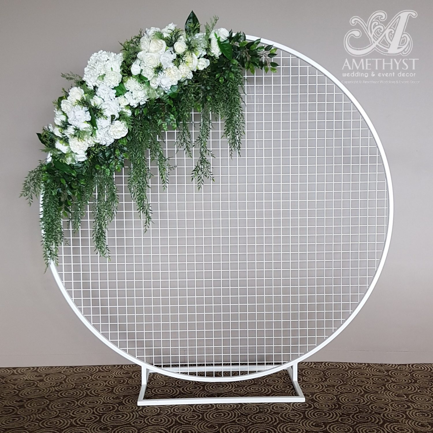 white-round-mesh-flower-backdrop-hire-melbourne